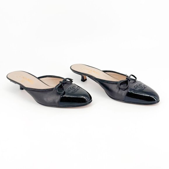 Chanel CC Cap Toe Kitten Heel Mules Black Size 36.5 US 5.5-6 Women Vintage - Picture 1 of 14